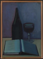 Stilleven met een boek, een glas en een fles