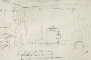 Interieur van de hut waar Zwarte Ketel zijn onderhoud had met Generaal Hazen toen hij om vrede vroeg, 1869-71