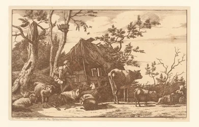 Zittende herder met vee voor een vervallen schuur