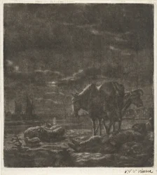 Nachtlandschap met slapende herder en vee