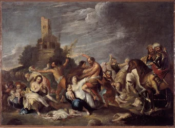 De kindermoord. Schilderij van Vincent Malo (ca. 1600-1650), 1634. Uit het Oratorium San Silvestro, Genua, Musei di Strada Nuova, voormalig Palazzo Bianco, Genua