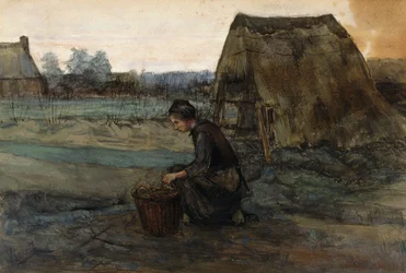 Een knielende boerin voor een hut; Paysanne Agenouillee Devant une Cabane, 1883