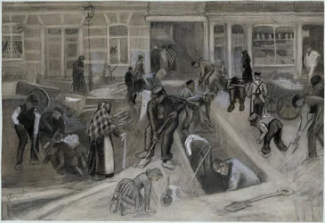 Wegwerkers bij het uitgraven van een trappenhuis