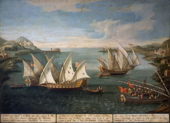 Zeeslag tussen Venetiaanse schepen van Marco Ivanovich Dobrota en Turkse schepen bij Patras op 17 april