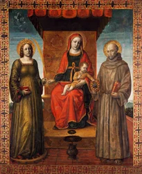 Madonna en Kind op de troon met de heiligen Bernardinus en Catharina van Alexandrië, keerzijde van de processievlag van Orzinuovi, door Vincenzo Foppa, schilderij op doek