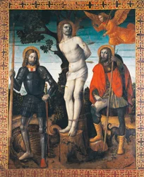 Sint-Sebastiaan, Sint-Rochus en Sint-Giorgio, keerzijde van de processievlag van Orzinuovi, door Vincenzo Foppa, schilderij op doek