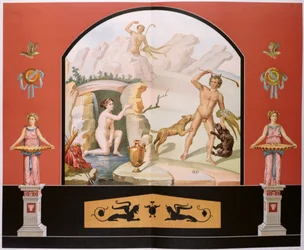 Actaeon ontdekt de godin Diana bij haar bad, reconstructie van een fresco in het Huis van Sallust in Pompeii