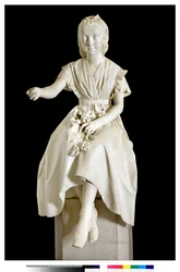 Portret van Markiezin Virginia Busti Porro als jong meisje of jonge dame die een bloem aanbiedt