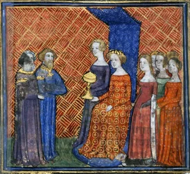 Koning Salomo Ontvangt de Koningin van Sheba uit de Bijbel historiale door Guiart des Moulins, 1400-1415
