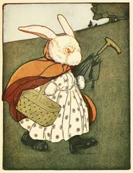 Toen oude mevrouw Konijn ...ging door het bos naar de bakker, uit Het Verhaal van Peter Rabbit, pub. 1916 (kleur litho)