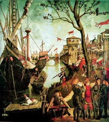 Aankomst van Sint Ursula in Keulen Tijdens de Belegering door de Hunnen De Legende van Sint Ursula, 1490