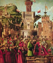Detail van de ontmoeting van Etherius en Ursula en het vertrek van de pelgrims, uit de St. Ursula-cyclus, ca. 1490-96 (detail)