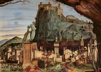 Sacre conversazione, detail van de stad en het kasteel op de achtergrond