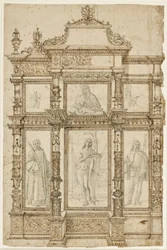 Studie voor een altaarstuk met zes afbeeldingen in een sierlijke lijststructuur. Boven: De stigmatisatie van St. Franciscus, Madonna en Kind, St. Hiëronymus in de wildernis; onder: St. Laurentius, Sebastiaan en Rochus