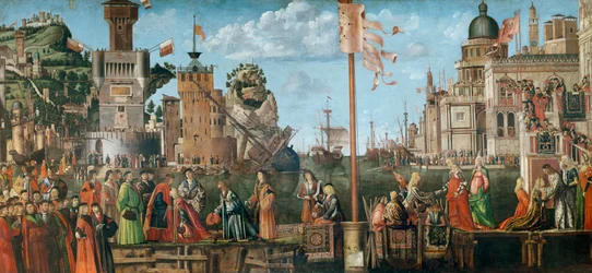 De ontmoeting van Etherius en Ursula en het vertrek van de pelgrims, uit de St. Ursula-cyclus, oorspronkelijk in de Scuola di Sant