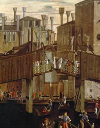 Het wonder van het relikwie van het Heilige Kruis, detail van de oude Rialtobrug