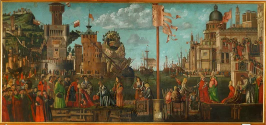 De ontmoeting van Ursula en haar verloofde Ereo: vertrek van de pelgrims (schilderij op doek)