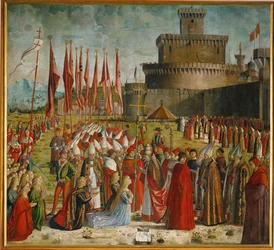 De pelgrims ontmoeten paus Cyriac voor de muren van Rome (schilderij)