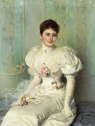 Portret van een Dame, zittend driekwart lengte, in een Witte Jurk