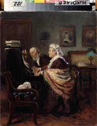 Piano quatre-mains. Een ouder echtpaar maakt muziek en leest aandachtig de partituur, met naast hen een klein wit hondje