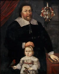 Sir Edward Lawrence met zijn zoon en een papegaai