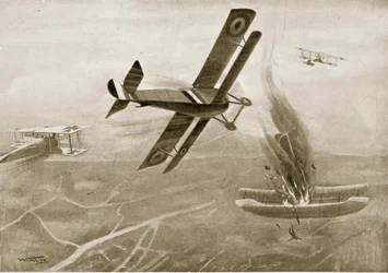 Luchtgevecht van kapitein Hawker met drie Duitse vliegtuigen, 25 juli 1915, illustratie uit 