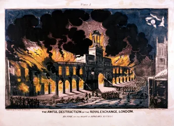 De verschrikkelijke vernietiging van de Royal Exchange, tweede brand, Londen