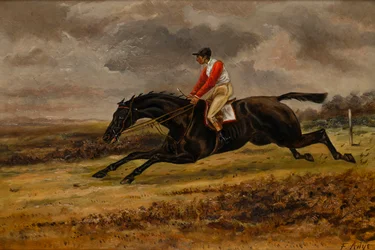 Een galopperend paard met jockey, in Bradford racekleuren