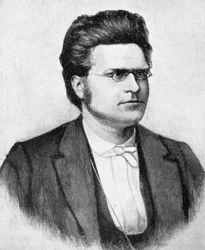 Portret van Bjornstjerne Martinius Bjornson (1832-1910), Noorse schrijver, dichter en toneelschrijver, houtsnede naar foto door Budtz Mueller en co