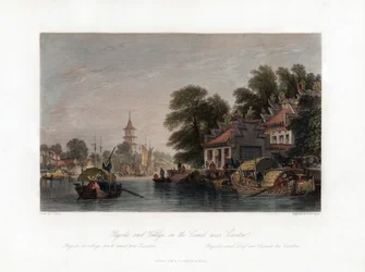 Pagode en dorp, aan het kanaal nabij Canton, China