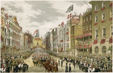 Processie op de Strand, Temple Bar, Strand, Londen, VK (kleurgravure)