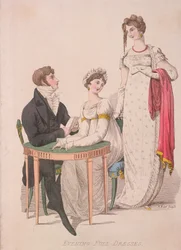 Twee vrouwen en een man in volledige avondkleding, c1810