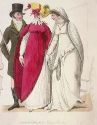 Twee vrouwen in wandeljurken vergezeld door een man, ca. 1810