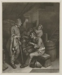 Drie mannen en een vrouw in de taverne
