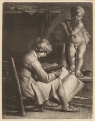 Jonge kunstenaar met een standbeeld van Cupido