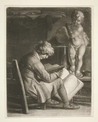 Jonge man met een standbeeld van Cupido
