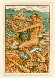 Hercules en de oude man van de zee (kleurenlitho)