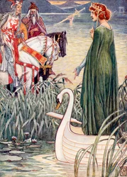 Koning Arthur vraagt de Vrouwe van het Meer om het zwaard Excalibur (kleurenlitho)