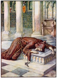 De dood van Sir Lancelot (kleurenlitho)