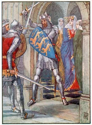 Het gevecht in de voorkamer van de koningin (kleurenlitho)