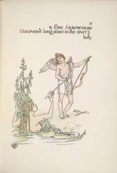 Een engel die een pijl vasthoudt, en een dame in een rivier of meer