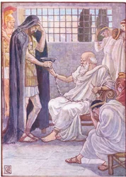 Hij dronk de inhoud alsof het een slok wijn was, illustratie uit The Story of Greece, 1930s