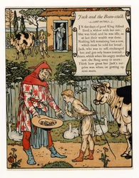 Jack verkoopt zijn koe voor bonen, uit Het Blauwbaard Prentenboek, uitgegeven 1879