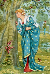 "De jonge vrouw ontdekt dat haar naam door haar minnaar in de boomstam is gegraveerd. Illustratie door Walter Crane (1845-1915) Privécollectie