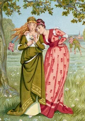 Middeleeuwen: "He loves me, he loves me not" Een jong meisje laat een madeliefje achter om uit te vinden of de man op wie ze verliefd is van haar houdt. Illustratie door Walter Crane (1845-1915) Privécollectie