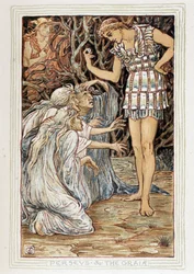 Persee en de Graia (Beotië, Griekenland) - Hij ontmoet drie oude vrouwen (heksen?) - in "A wonder book for girls and boys" door Walter Crane (1845-1915)