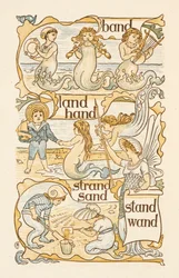 Rijmwoorden eindigend op de letter D. Zeemeerminnen. Kinderen bouwen zandkastelen op een strand. The Golden primer.