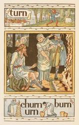 Rijmende woorden eindigend op de letter N. Een illustratie, mogelijk koning Alfred en de brandende taarten tonend. De Gouden primer.