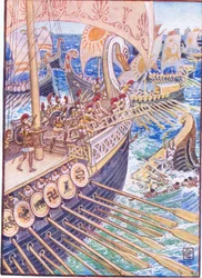 Schip tegen schip geslagen, tot de Perzische doden de diepte bezaaiden als bloemen, illustratie uit Het Verhaal van Griekenland, 1930s