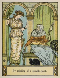 Doornroosje staat naast een oude vrouw met een spinnewiel en draad. Een zwarte kat zit eronder
